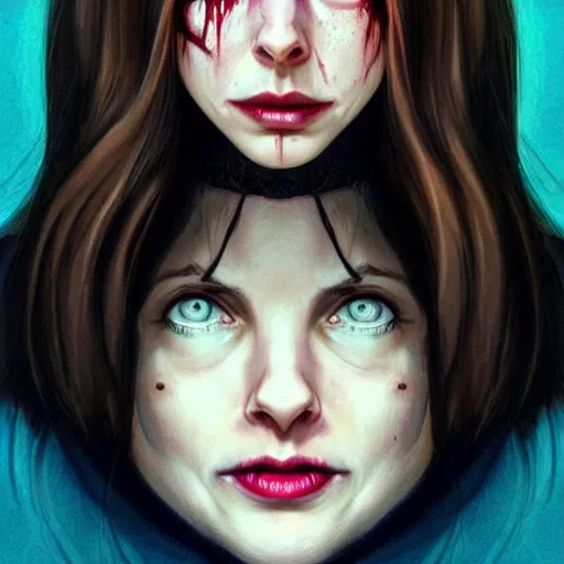 Prompt: gorgeous female Alison Brie, horror movie slasher, slasher movie, realistic character concept, violent pose, creepy smile, shorter neck, illustration, symmetrical face and body, realistic eyes, cinematic lighting, hyperdetailed, detailed realistic symmetrical eyes, face by artgerm, symmetrical nose, high resolution, Charlie Bowater, Tom Bagshaw, single face, insanely detailed and intricate, beautiful, elegant, dark living room background