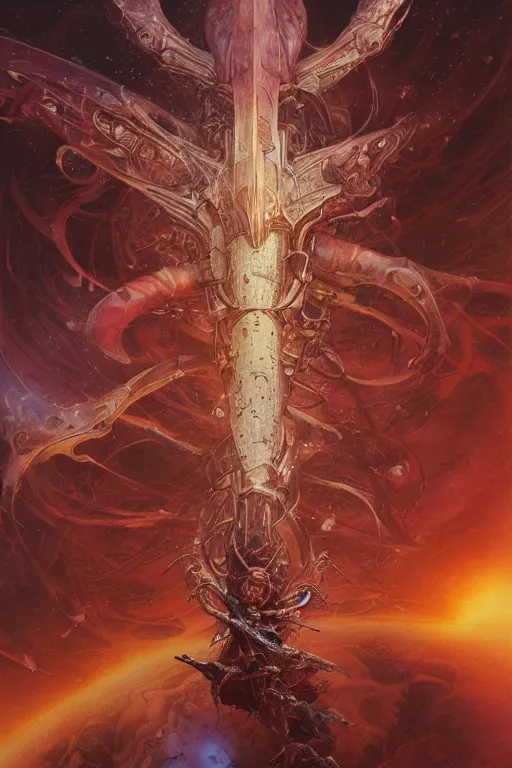 Image similar to now is the time to relaunch the dream weapon, by artgerm and yoshitaka amano and moebius and hr giger and zdislaw beksinski, hyperdetailed, surreal, dc comics, ornate, stunning, nebula, explosions in the sky, trending on artstation