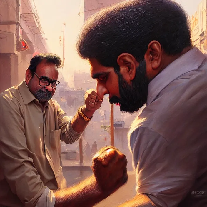 Prompt: portrait of tall indian man punching danny devito outside a bar, elegant, real life skin, intricate artwork, high detailed, artstation, concept art, smooth, sharpz focus, art by artgerm and greg rutkowski