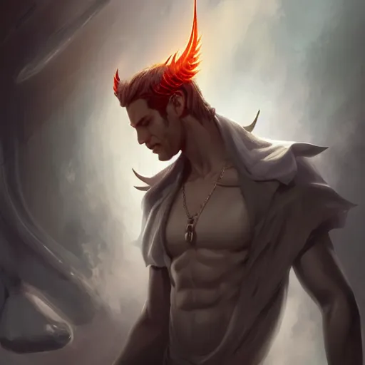 Prompt: Lucifer as an attractive man, 4k digital character design by Artgerm, WLOP, beeple, Hi-Fructose, James Jean, Andrei Riabovitchev, Marc Simonetti, yoshitaka Amano, Artstation, CGsociety