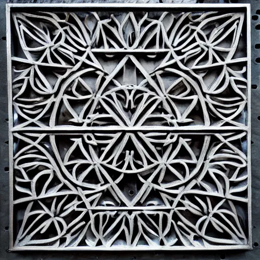 Image similar to “intricate patterns carved into woven steel, industrial steel, clear lines, straight edges, reflective metal, random shapes, ultra realistic, intricate, highly detailed”