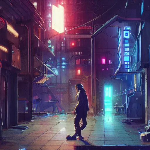 Prompt: two people arguing, detailed digital illustration by greg rutkowski, cyberpunk back alley, nighttime, colorful lighting, android netrunner