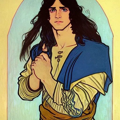 Image similar to portrait painting of young handsome beautiful paladin elf!! man with long! wavy dark hair in his 2 0 s named taehyung adam at the blueberry party, wearing armor!, long hair, elf ears, blue eyes, blueeyes!, elegant, delicate, soft facial features, art, art by alphonse mucha, vincent van gogh, egon schiele,