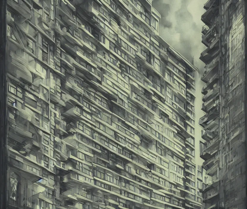 Prompt: The outside of an apartment close to other buildings next to a road at night in October, dramatic angle, rotoscoped, rotoscope, photoshop, photomanipulation, realism, painting, illustration and sketch, weird scribbles, hybrid styles, hybrid art styles, mismatched, trending on artstation, trending on deviantart, weird, quirky, interesting, very detailed, highly detailed, HD Quality, 4k resolution, 8k resolution, in the style of David Firth, in the style of James Lee, in the style of Drue Langlois,