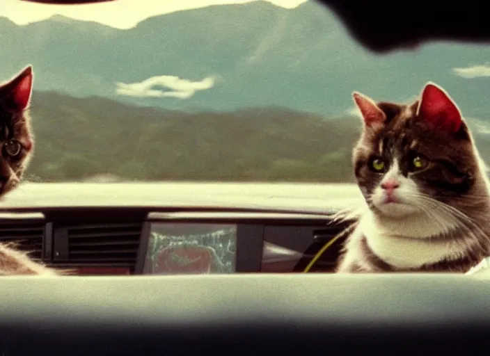 Image similar to A very high resolution image from a new movie, a cat driving a car around, inside of a car , mountains, Polaroid, directed by wes anderson