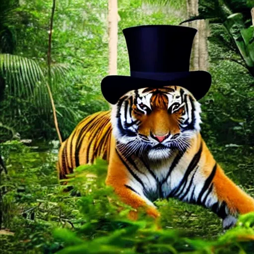 Image similar to photo of tiger wearing a top hat in jungle