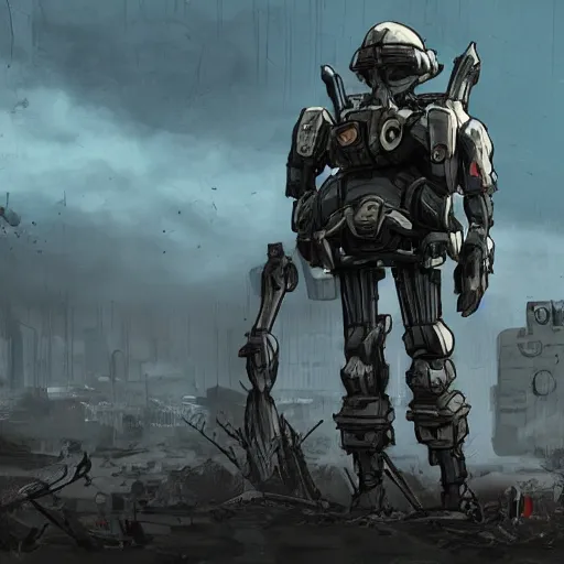 Prompt: old decrepit man in a peaceful mech, ww 3, resting, gritty, apocalyptic - n 9