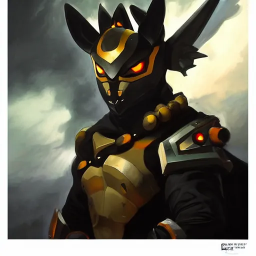 Image similar to greg manchess portrait painting of partially armored umbreon as overwatch character, medium shot, asymmetrical, profile picture, organic painting, sunny day, matte painting, bold shapes, hard edges, street art, trending on artstation, by huang guangjian, gil elvgren, ruan jia, greg rutkowski, gaston bussiere