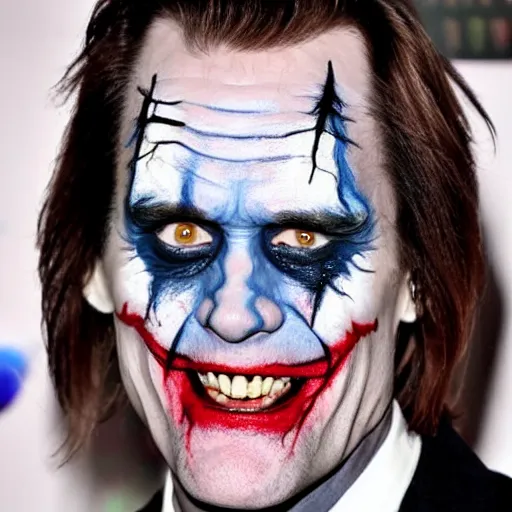 Prompt: Jim Carrey with scary face paint inspired by the joker 4K quality super realistic