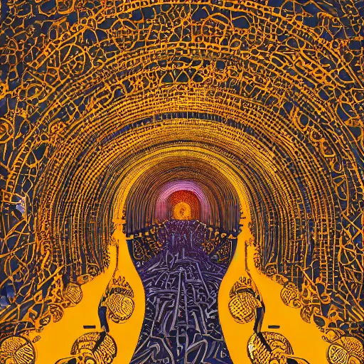 Prompt: vivid illustration of a person choosing between tunnels with groups of people inside, within a highly intricate torus with detailed golden ornamentation and golden light, choosing between pathways
