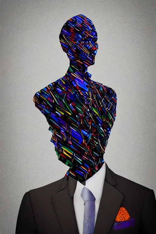 Prompt: man made of glitch art wearing a suit, game character, portrait, realism