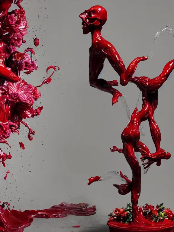 Prompt: a falling man with many big flowers birds in the form of a wax liquid sculpture cardinale standing. sculpture by Giacomo Manzù. bubbling red wax, super hero pose, skull, flowers, baroque. intricate. Trending on artstation. octane render, cinematic, hyper realism, octane render, 8k, depth of field, bokeh. iridescent accents. vibrant. teal and gold and red colour scheme