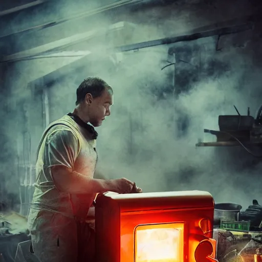 Image similar to cyborg with toaster oven chest, dark messy smoke - filled cluttered workshop, dark, dramatic lighting, orange tint, sparks, cinematic, highly detailed, sci - fi, futuristic, movie still