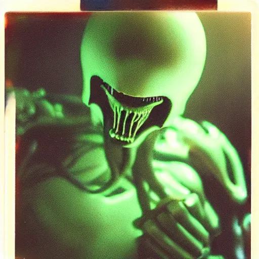 Image similar to a polaroid picture of a xenomorph with fluorescent flesh
