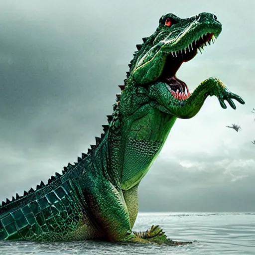 Image similar to a photoshop of a crocodile being eaten by a dragon