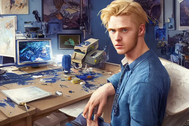 Image similar to a computer graphics artist man with blonde hair, blue eyes, a ballcap in a messy room at the computer animating, ultra realistic, concept art, intricate details, serious, highly detailed, photorealistic, octane render, 8 k, unreal engine. art by artgerm and greg rutk owski and alphonse mucha