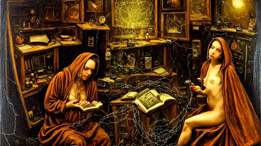 Prompt: prompt: a hacker in a hoodie, sitting in front of a monitor in a darkly lit rum Velasquez, nymph in the water performing alchemy, small flowers and cable wire around and on the side with artifacts and ancient book, intricate oil painting, high detail, Neo-expressionism, gnarly details