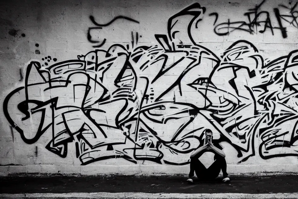 Prompt: black and white photograph of graffiti showing a person meditating