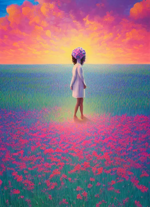 Image similar to woman with a giant carnation head, flower field, surreal photography, sunset dramatic light, impressionist painting, colorful clouds, blue sky, digital painting, artstation, simon stalenhag