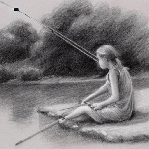 Image similar to girl fishing on the river bank, pencil sketch
