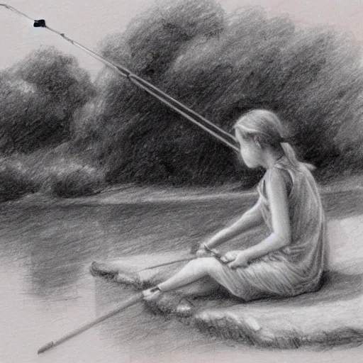 Girl is Fishing with a Fishing Rod. Girl is Sitting in the Boat