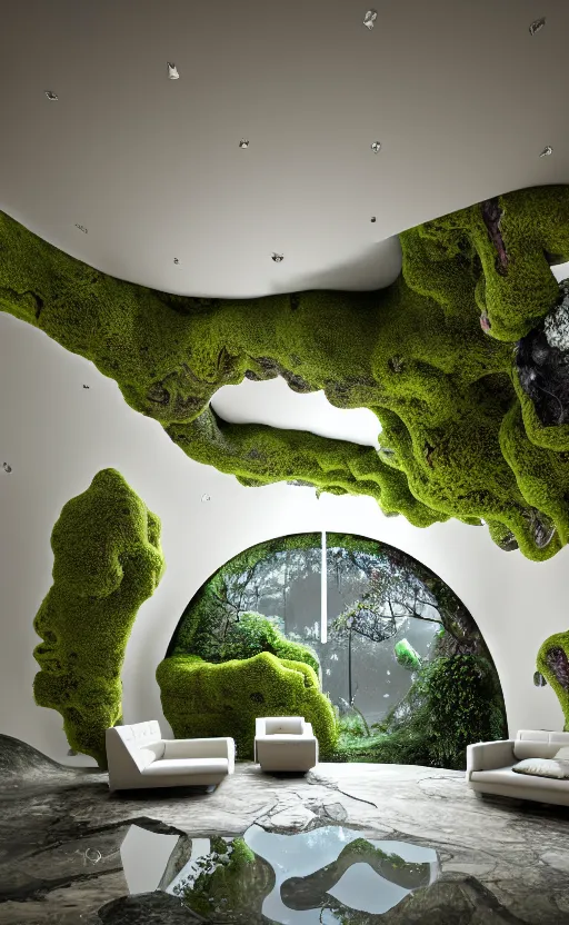 Image similar to highly detailed villa natural beautiful light interior soft cinematic composition of a smooth ceramic porcelain biomorphic magnolia stone nebula fluid sci - fi surreal colorful architecture landscape, furniture, granite, trees, marble, moss, lichen, fungi, vincent callebaut composition, mamou - mani, archviz, 8 k, unreal engine, hdr