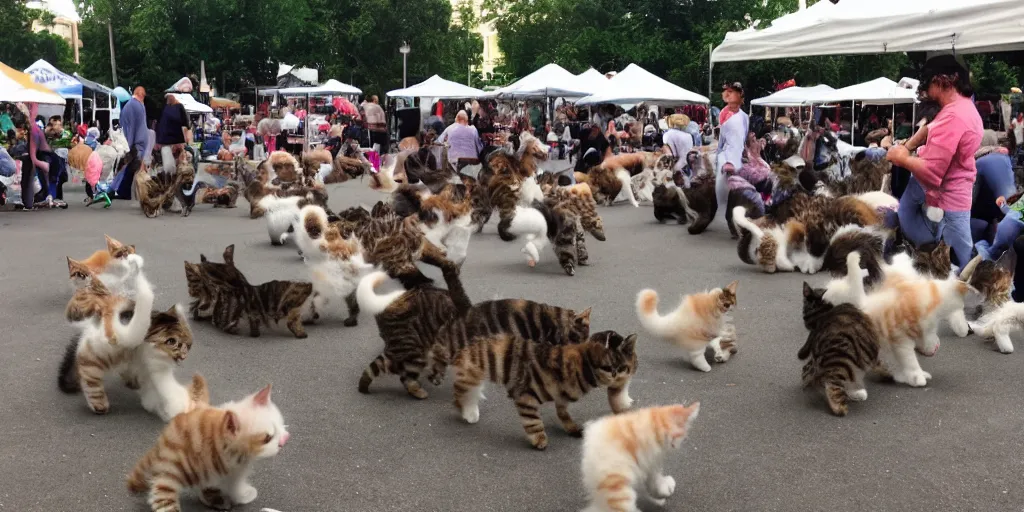 Image similar to clear photo, wide and clear, a stampede of cute kittens attacks everyone at the local sunday morning farmers market, kittens active everywhere, kittens jumping and running, people screaming in terror, funny and odd