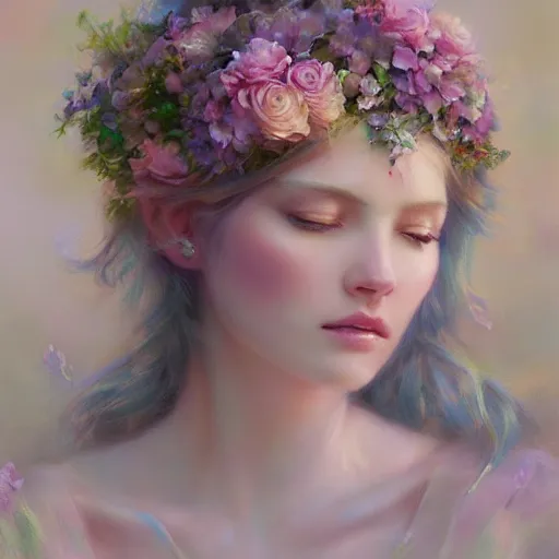 Image similar to flower goddess, pastel colors, pearlescent, fantasy, featured on artstation, in the style of daniel gerhartz and krenz cushart, Alexis Franklin, Thomas River, WLOP, Artgerm