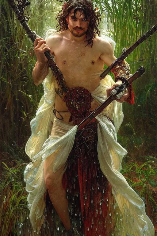 Image similar to portrait of a man wearing a knight robe, holding a fantasy staff, drenched body, wet dripping hair, emerging from the water, fantasy, regal, fractal crystal, fractal gems, by stanley artgerm lau, thomas kindkade, alphonse mucha, loish, norman rockwell