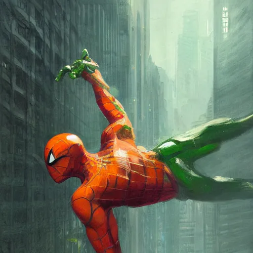 Image similar to an orange and green spiderman by greg rutkowski