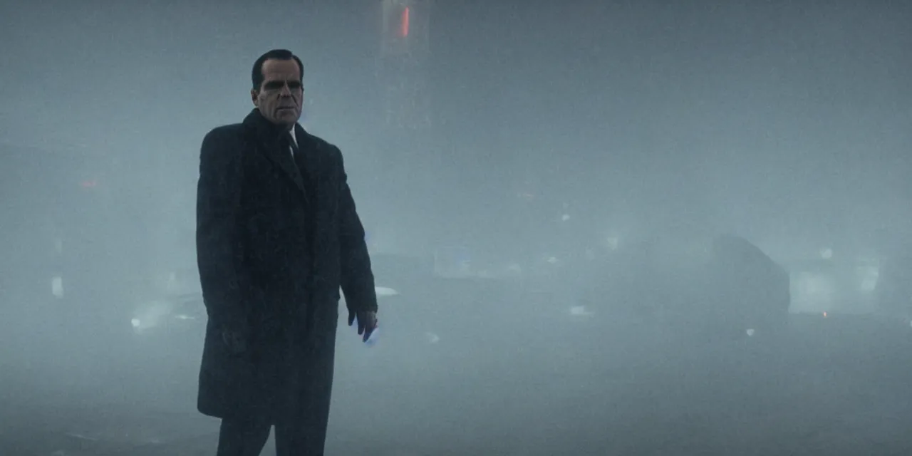 Prompt: Richard Nixon in Blade Runner 2049, high contrast, high saturation cinematic film still