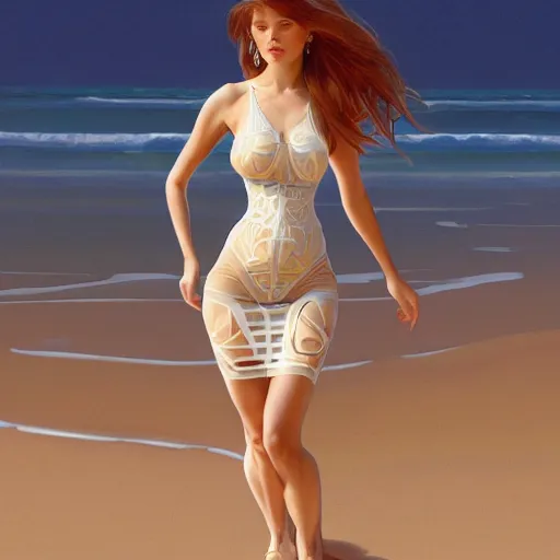 Image similar to full body portrait of addison rae wearing a skintight dress in a beach, intricate, elegant, highly detailed, digital painting, artstation, smooth, sharp focus, illustration, art by artgerm and greg rutkowski and alphonse mucha, 8 k