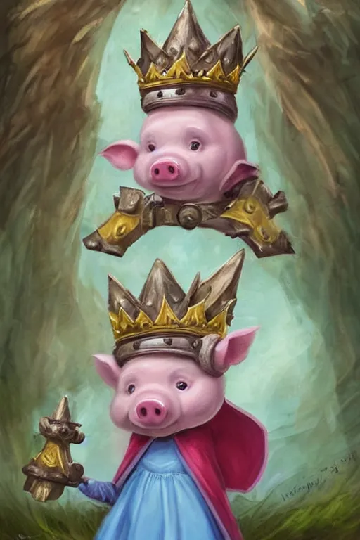 Image similar to cute little cartoonish anthropomorphic piglet knight princess wearing a cape and a crown, fantasy forest, caricature, tiny, small, miniature pig, baby animal, short, pale blue armor, cute and adorable, pretty, beautiful, DnD character art portrait, matte fantasy painting, DeviantArt Artstation, by Jason Felix by Steve Argyle by Tyler Jacobson by Peter Mohrbacher, cinematic lighting