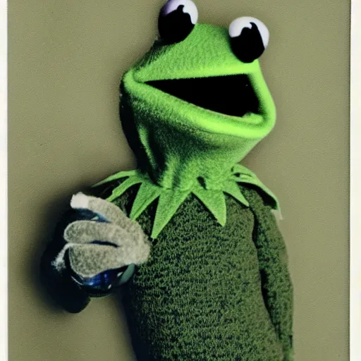 Prompt: Walter White fighting Kermit the Frog, polaroid photo with flash, eerie