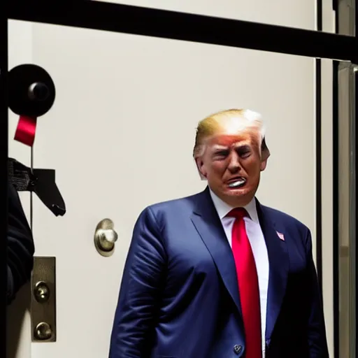 Prompt: Donald Trump entering meeting office of American Psycho, with a white card in his hand