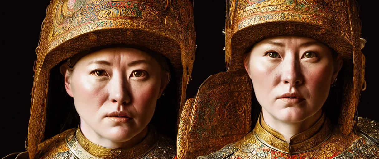 Image similar to hyperrealist highly detailed english medieval portrait of a woman wearing traditional mongolian armor, concept art pascal blanche dramatic studio lighting 8k wide angle shallow depth of field