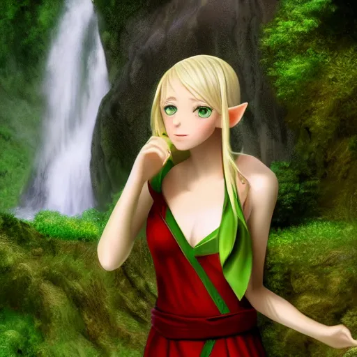 Prompt: beautiful young blonde-haired elf woman tucking her hair behind her ear and wearing a green dress in front of a waterfall, anime art, trending on artstation, super cute, 4k