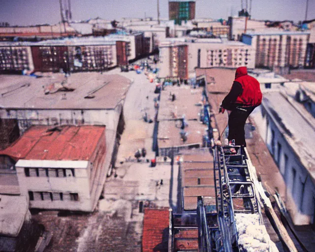 Image similar to lomo photo of roofjumpers climbing on roof of soviet hrushevka, small town, cinestill, bokeh, out of focus