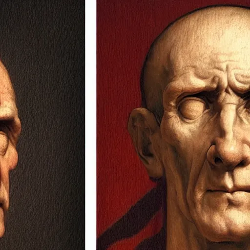 Image similar to A 17th century Baroque Painting of Julius Caesar, portrait of Julius Caesar, grainy, realistic, very realistic, hyperrealistic, highly detailed, very detailed, extremely detailed, very neat, very epic, very cool, detailed, trending on artstation