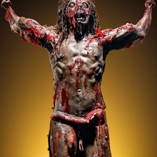 Image similar to a highly detailed realistic photographic render crucified bloody humanoid pig, bloody christ with the head of a pig, dead souls, religious sculpture, creepy, horror, horror scene, cinematic horror, creepy horror, scary scene, cinematic lighting, cinematic scene, Volumetric lighting, Atmospheric scene, Dark, Horror, Atmospheric lighting, Global illumination, realistic, photo realism, hyper realistic, hyper realism, photo realisitc, cinematic render, film, beautifully lit, ray traced, octane 3D render, octane render, unreal engine