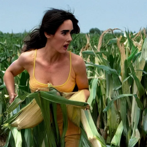 Image similar to jennifer connelly emerging from a giant piece of corn