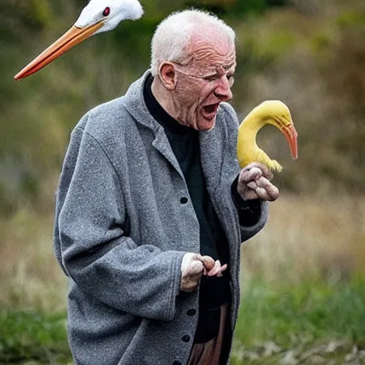 Prompt: an old man arguing with a stork, the stork is winning, stork is shouting at the old man, award-winning photograph, national geographic, trending on Facebook