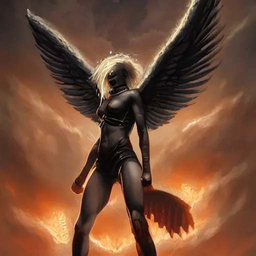 Image similar to androgynous fallen angel with shaved head on one falling through the sky while battling superior larger angels, beautiful, symmetrical, hd, highly detailed, 4 k, artgerm, cyberpunk, art by greg rutkowski