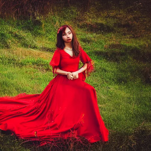 Prompt: woman in red traditional wedding dress dreamy background, water , long grass , fog ,4k - n4