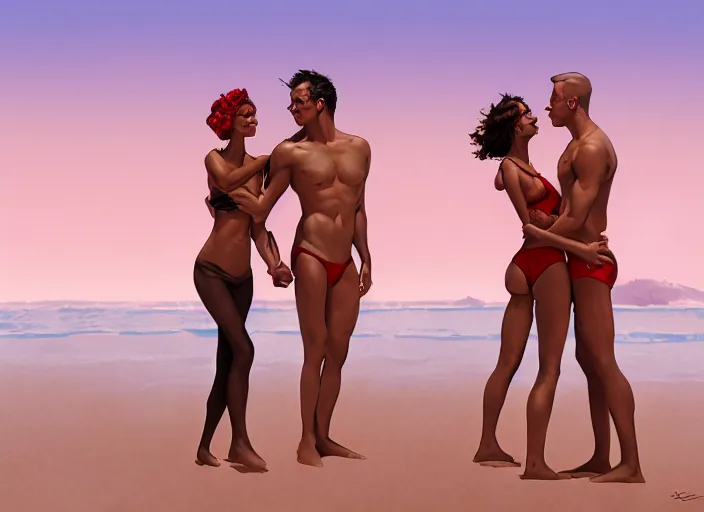 Image similar to couple, man and woman on the beach in pose of couple vol 2 photo reference pack for artists, spirit hugs, gold trim, atmoshperic, elegant, sharp focus, sand sea, red sun, huge lips, poses by satine zillah, environment by jesper ejsing and eddie mendoza, art by by ilya ozornin, artstation, intricate details