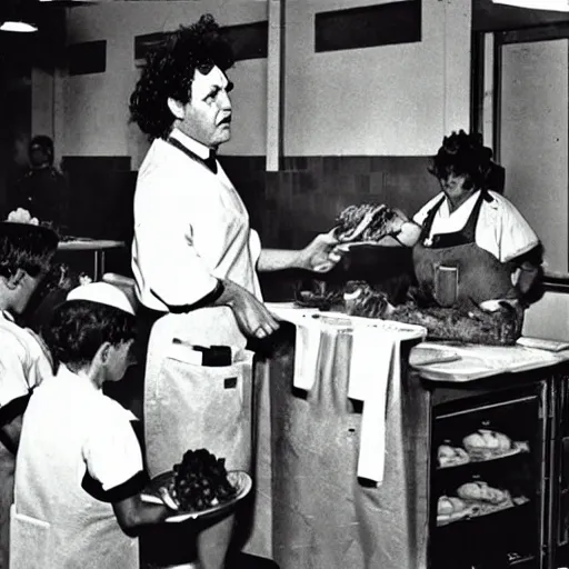 Image similar to Leatherface as a cafeteria attendant dishing out lunch to school kids in thr cafeteria at lunch time