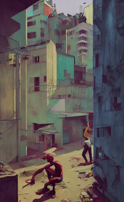 Prompt: Inside a Favela, very coherent, painted by Edward Hopper, Wayne Barlowe, painted by James Gilleard, airbrush, art by JamesJean