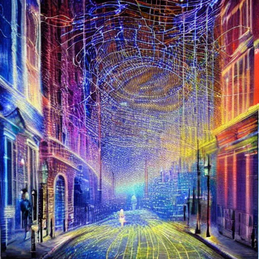 Prompt: a new artistic style that is a mix of impressionism and surrealism uses wires and light beams to portray a london street.