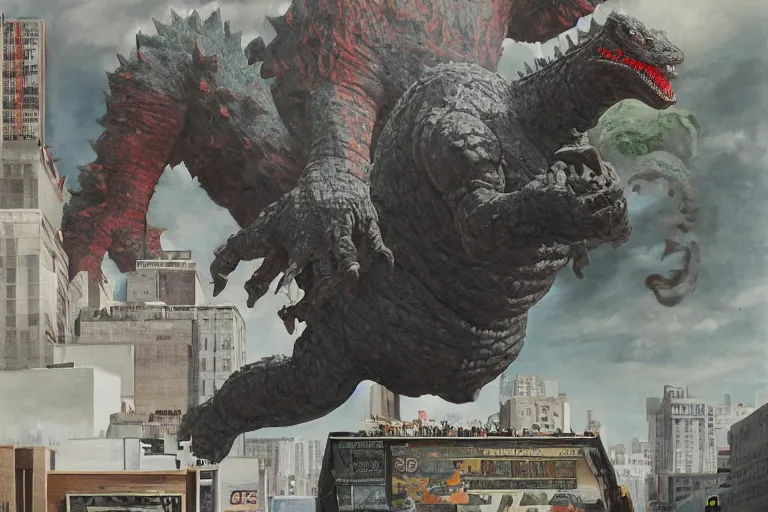 Prompt: giant buster keaton in the city, battling godzilla with clever acrobatics. color fantasy painting, highly detailed, trending on artstation