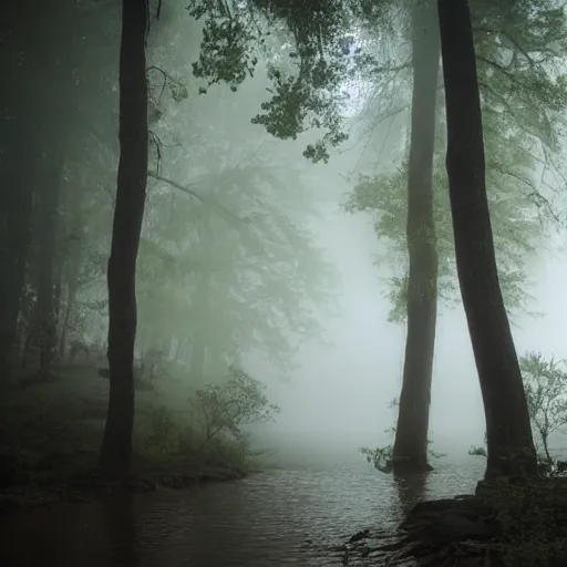 Image similar to a magical forrest, river, fog